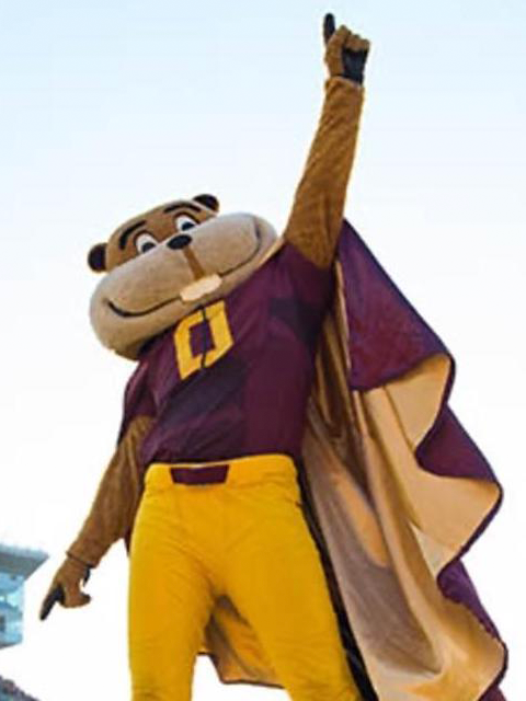 Goldy the Gopher standing on a football field, clear sky in the background. He has one arm raised and is in a maroon jersey with the number 0.
